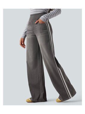 Halara XL  Wide-Leg Gray Pants With Side Stripe - Womens Casual Stretch Denim Si